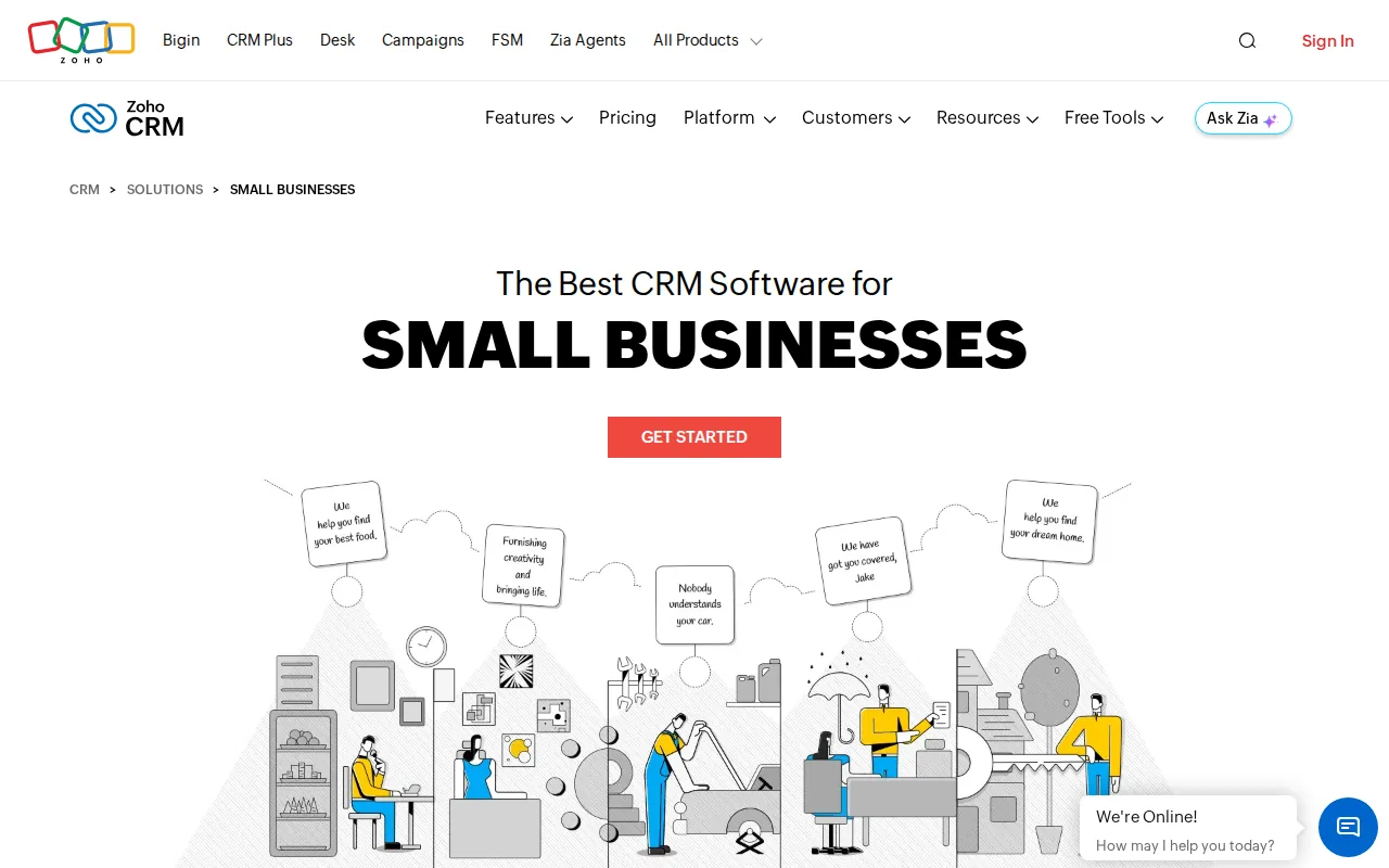 Screenshot of the Zoho CRM website