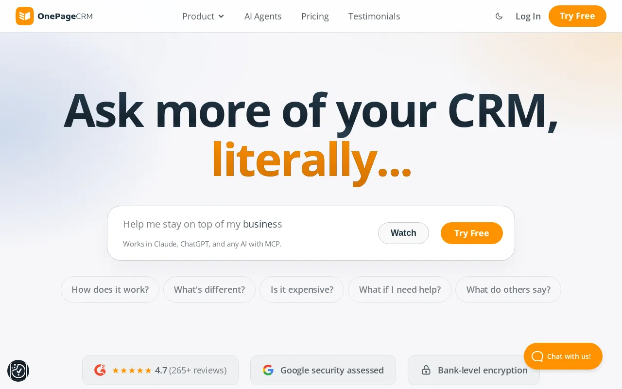Screenshot of the OnePageCRM website
