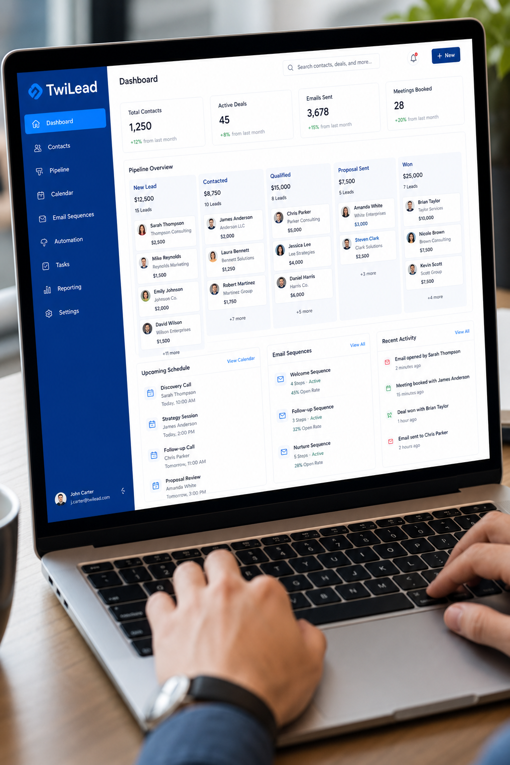 A photorealistic dashboard of a CRM software on a laptop, showing a clean pipeline view with contact profiles, scheduling calendar, and automated email sequences. Alt: CRM dashboard for consulting business with pipeline and automation.