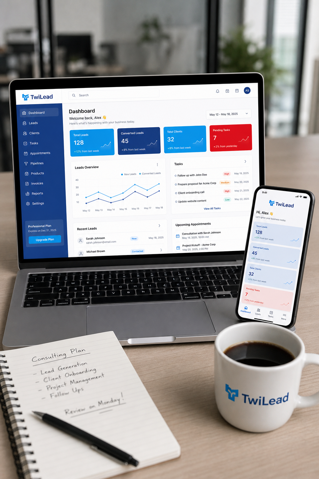 A photorealistic scene of a consultant's desk with a laptop showing TwiLead dashboard, a smartphone with the TwiLead app, and a cup of coffee. Alt: TwiLead CRM for consulting business dashboard on laptop.