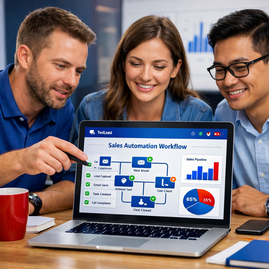A realistic illustration of a small business team automating sales workflows on a laptop, showing charts and checkboxes. Alt: workflow automation for small business CRM