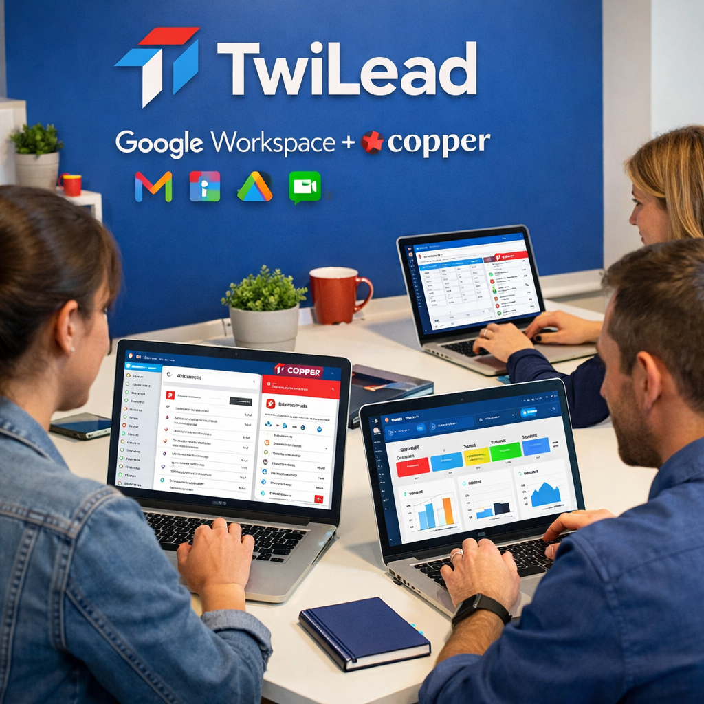 A realistic scene of a small office with employees looking at laptops showing Google Workspace and Copper dashboards. Alt: Google Workspace integrated CRM