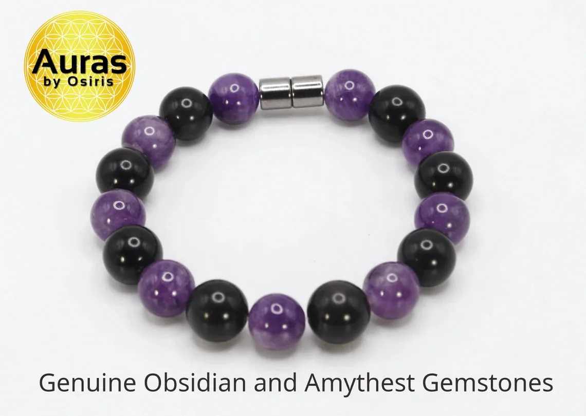 Auras by Osiris Obsidian & Amethyst Bracelet 🖤💜: visual reference for 1. Auras by Osiris Obsidian & Amethyst Bracelet 🖤💜 | Protection, Tranquility & Spiritual Insight Crystal Jewelry (8mm)