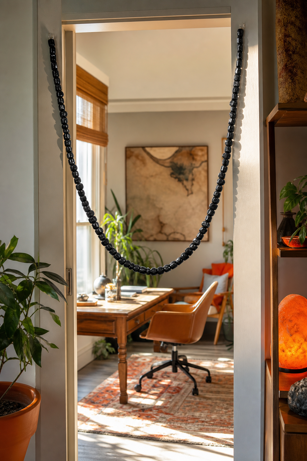 A realistic scene showing a 24âinch black tourmaline necklace hanging across a home office doorway, sunlight streaming through, casting a subtle dark sheen. Alt: large black tourmaline necklace for room protection.