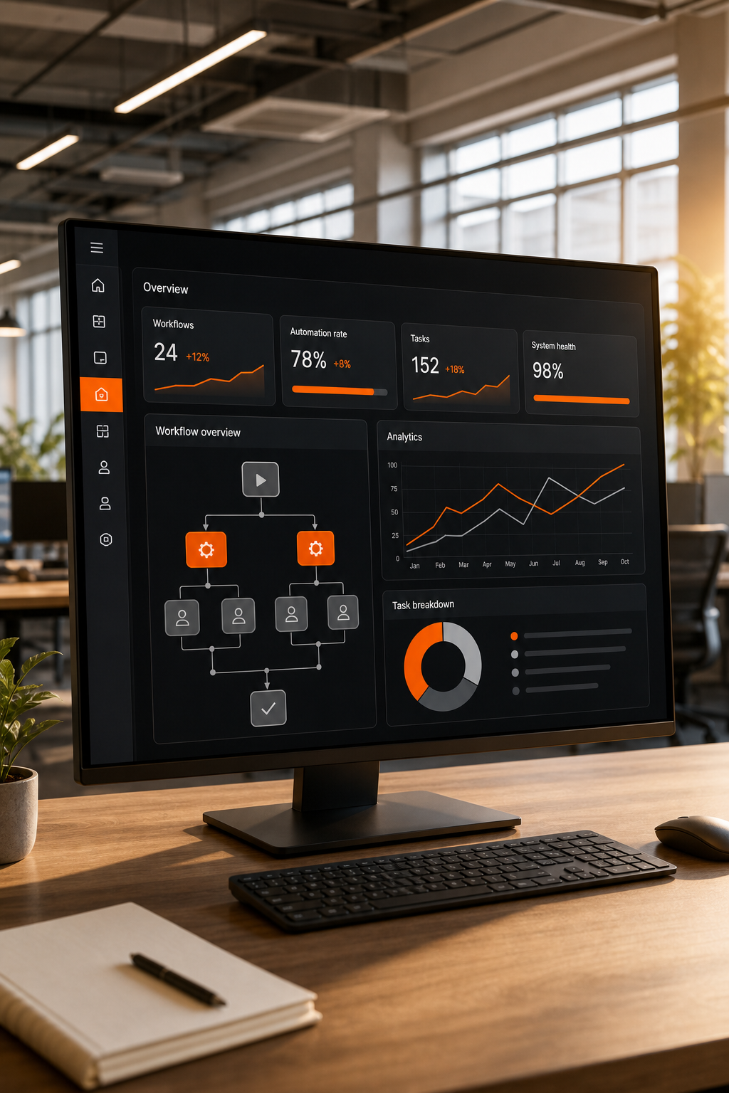 A photorealistic scene of a business operations dashboard on a large monitor in a modern open-plan office, with orange accent colors on the UI, showing automation workflows and analytics charts in a warm, natural light setting. Alt: Harmiz AI-integrated custom SaaS development platform dashboard for business automation.