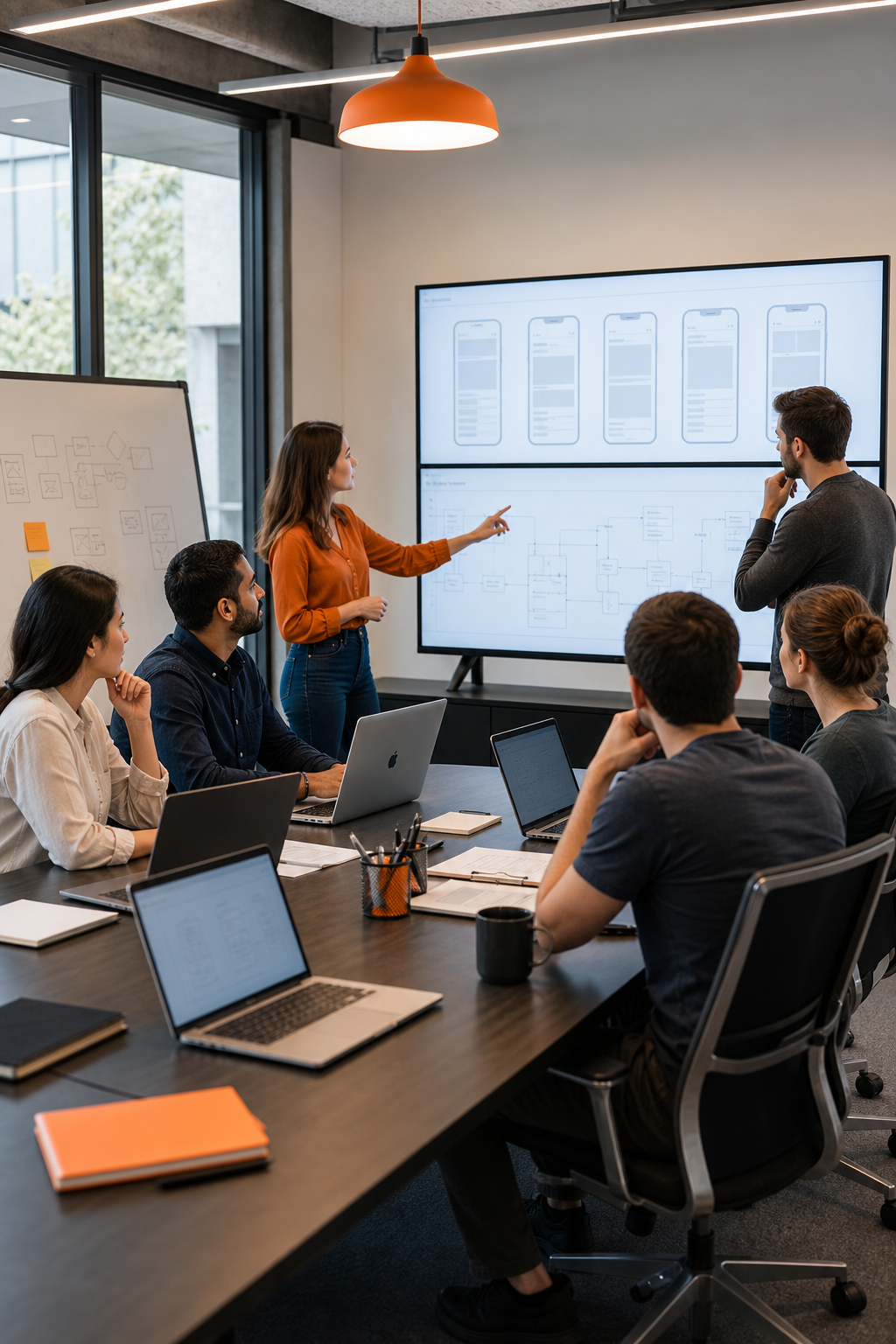 A professional team of software engineers collaborating around a large conference table with multiple screens displaying mobile app wireframes and web architecture diagrams in a modern enterprise office environment with natural lighting. Alt: Intellectsoft enterprise software development team collaborating on mobile and web solutions.