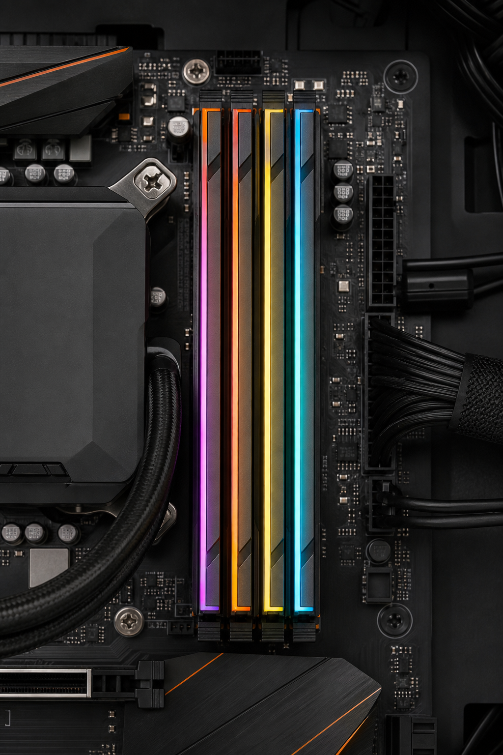 A photorealistic shot of a high-end PC build with RGB lighting, focus on the memory slots with illuminated RAM sticks in a sleek black case with tempered glass side panel. Alt: DDR5 RAM installed in a gaming PC