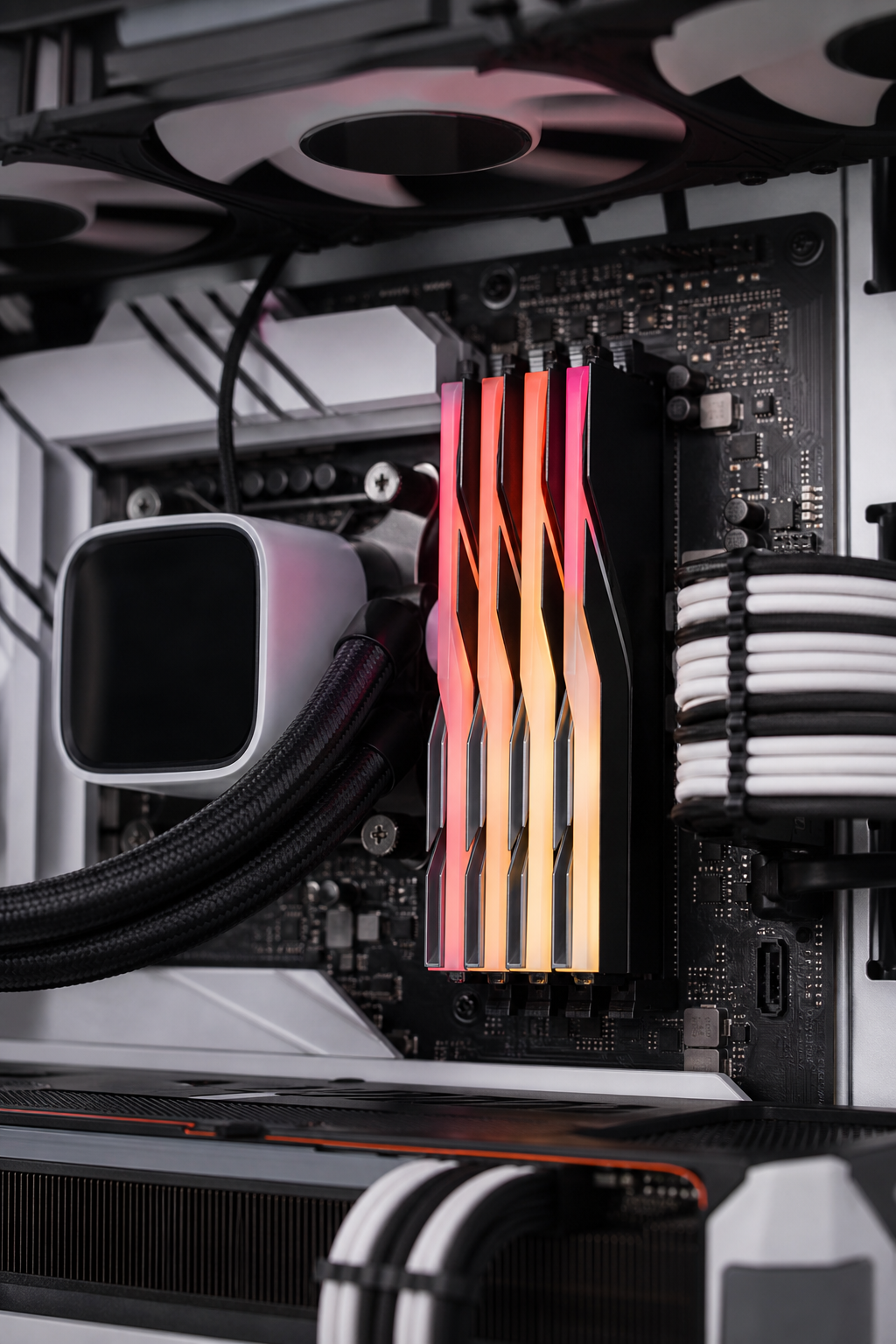 Close-up of Corsair Vengeance RGB DDR5 modules installed in a motherboard, showing the aluminum heat spreaders and subtle RGB glow against a dark background. Alt: Corsair Vengeance RGB DDR5 memory kit in a PC build