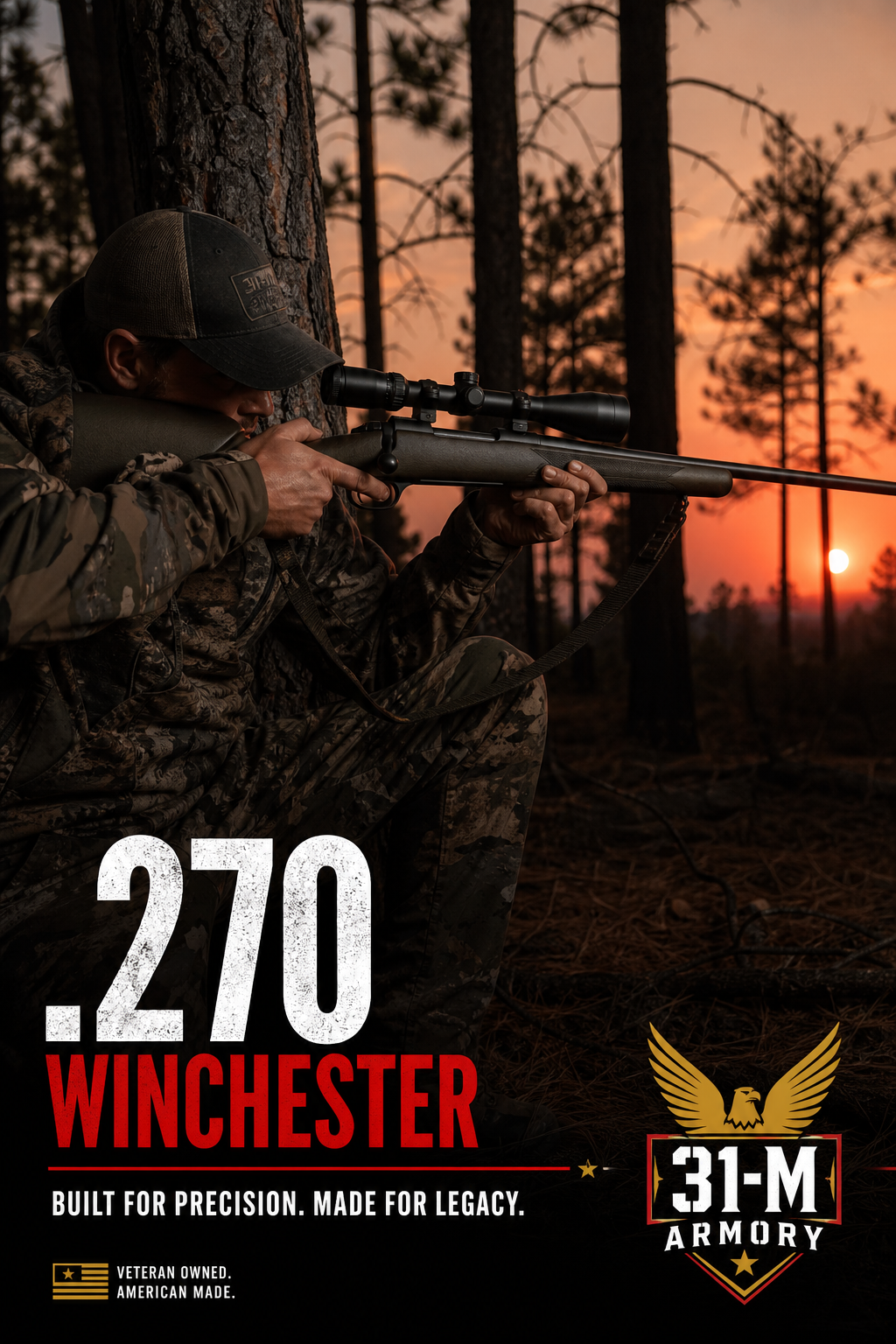 A photorealistic image of a hunter aiming a bolt-action rifle chambered in .270 Winchester in a pine forest at dusk, with the rifle's scope visible. Alt: Hunter aiming .270 Winchester rifle in forest