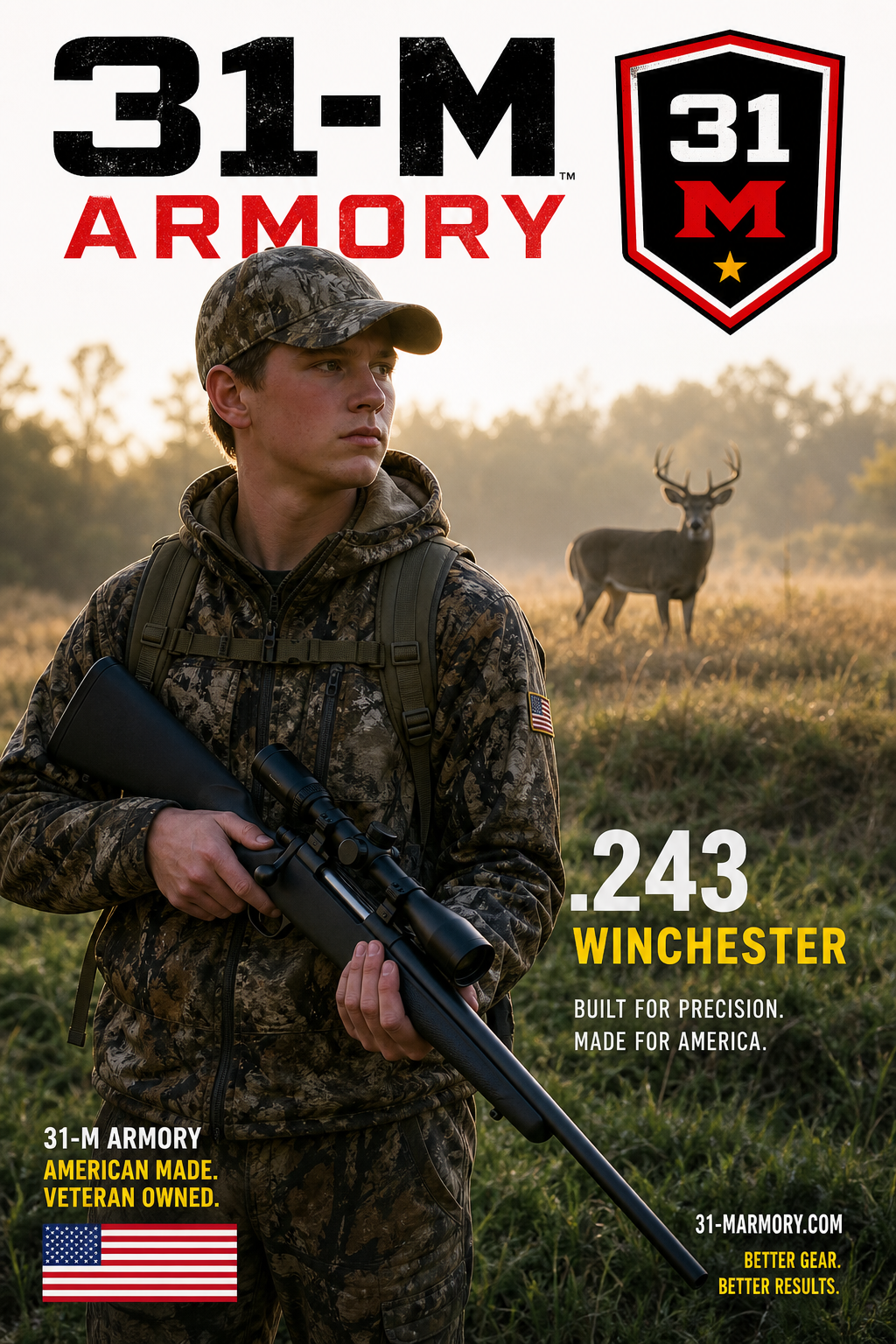 A photorealistic image of a young hunter (teenager) wearing camouflage and holding a compact bolt-action rifle, with a deer in the distant background, soft morning light. Alt: Youth hunter with .243 Winchester rifle