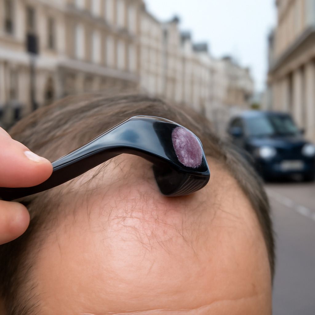 Close-up of a derma roller on scalp with tiny punctures, soft daylight, clinical but approachable setting. Alt: microneedling scalp close-up best derma roller size for hair growth.