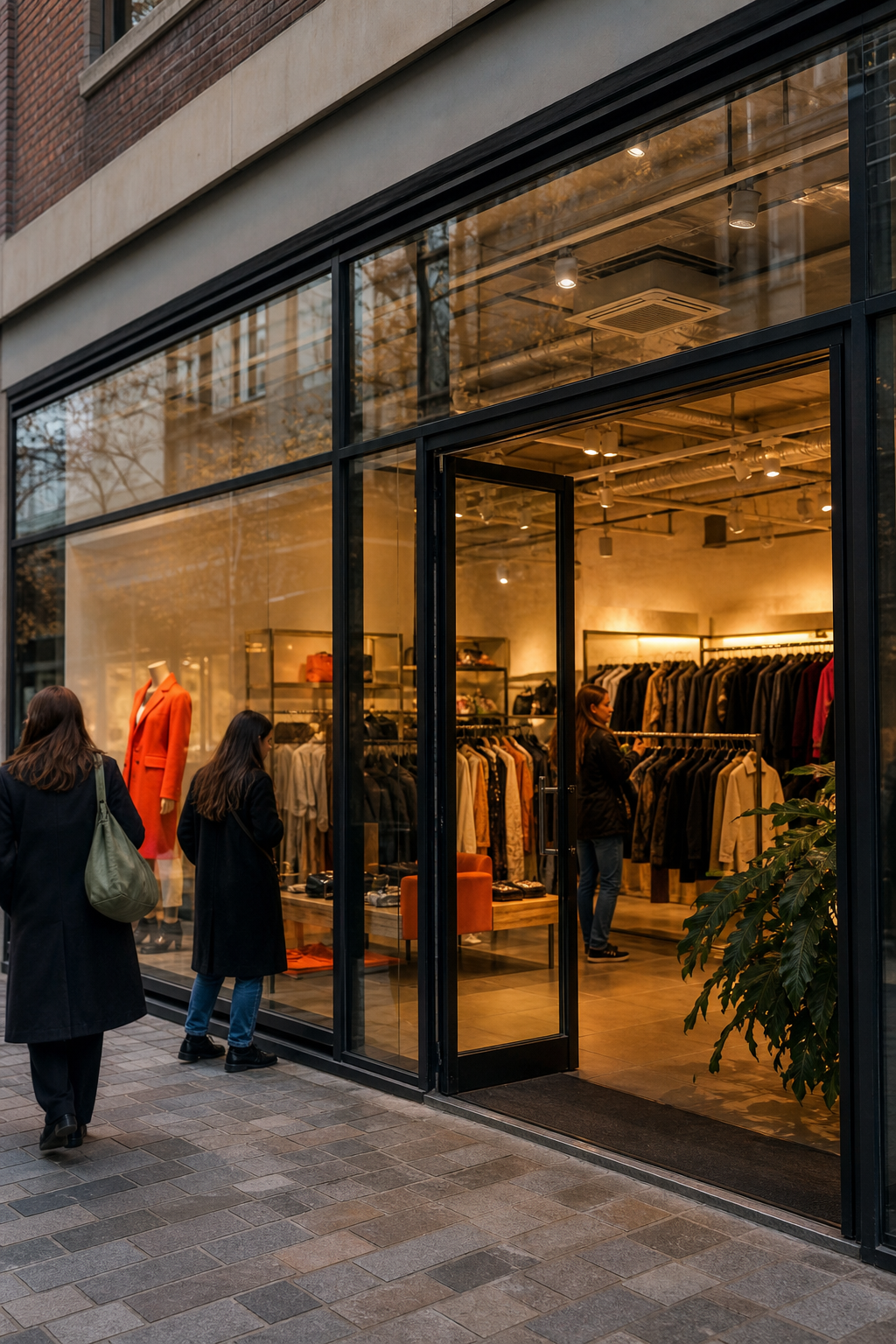 A realistic street view of CSD’s Battersea Power Station storefront, showing shoppers browsing designer racks. Alt: London luxury consignment store exterior