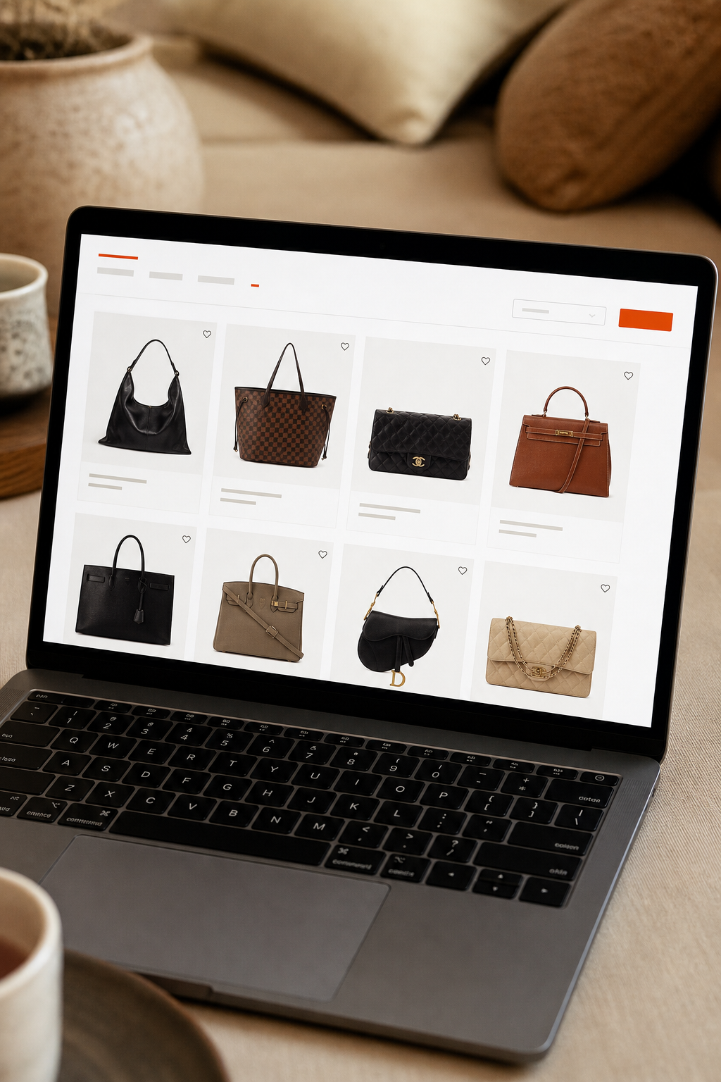 A close‑up of The RealReal’s website on a laptop screen, with designer handbags displayed. Alt: Online luxury consignment marketplace view