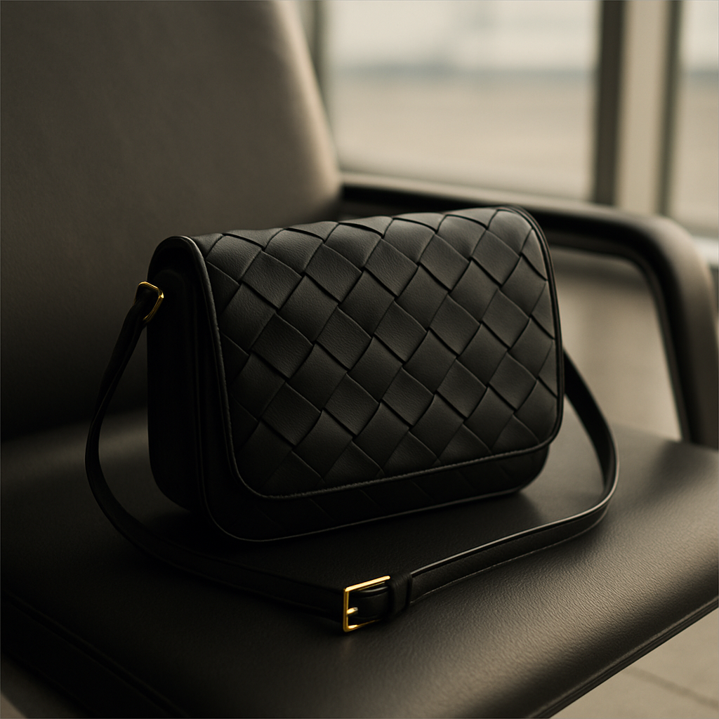 A sleek Bottega Veneta Intrecciato leather crossbody bag draped over an airport seat, soft natural lighting highlighting the woven texture and gold hardware. Alt: Bottega Veneta Intrecciato crossbody travel bag luxury leather.