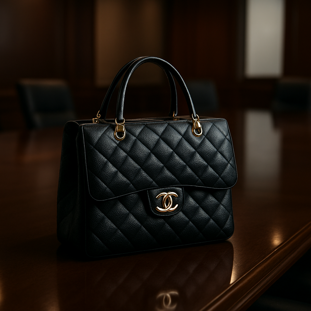 A sleek Chanel Classic Flap Tote resting on a polished boardroom table, showing its leather texture and gold hardware. Alt: Chanel classic flap tote boardroom elegance