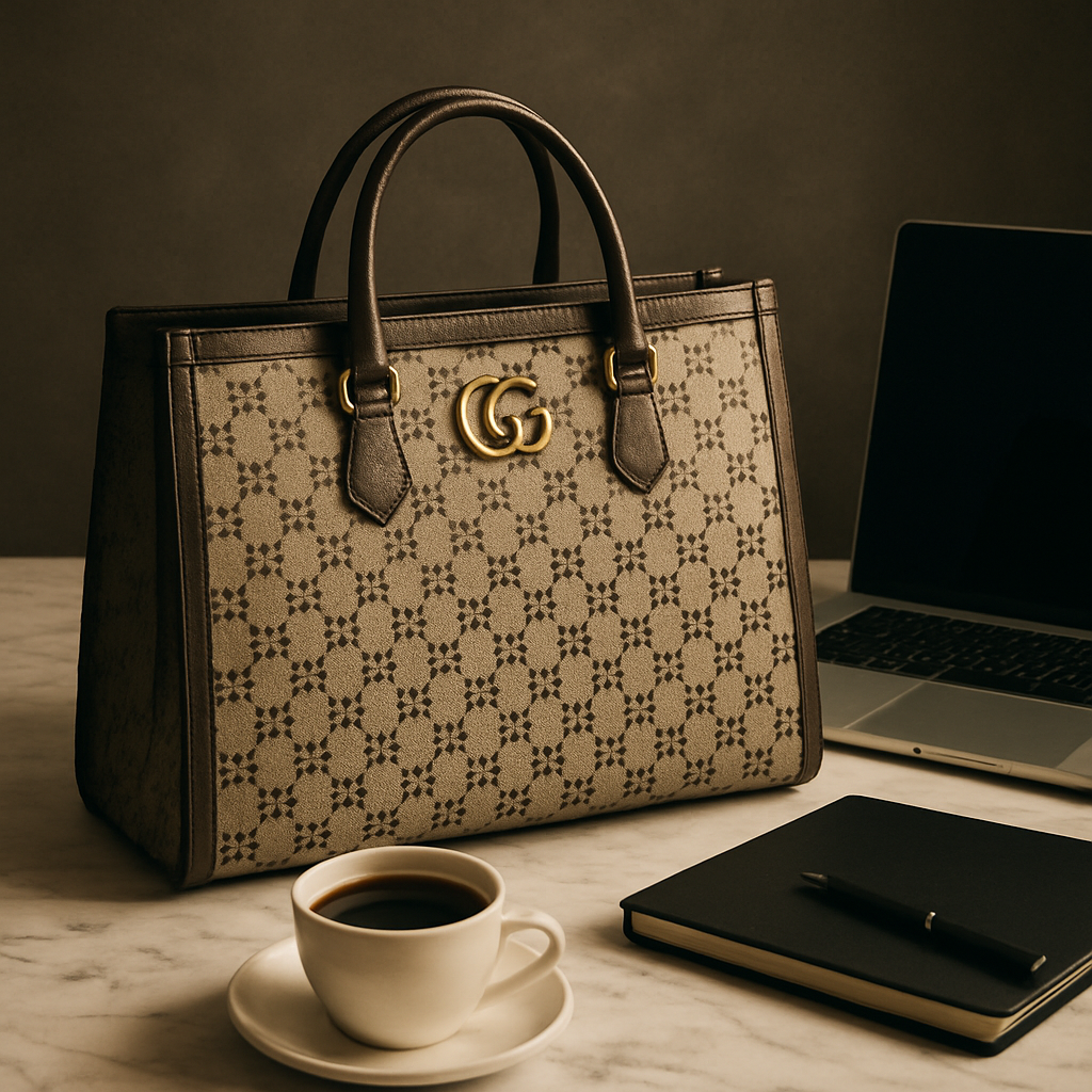 A sleek Gucci GG Supreme Tote on a marble desk next to a laptop, coffee cup, and notebook. Alt: Gucci GG Supreme tote best designer tote bags for work versatile commute bag