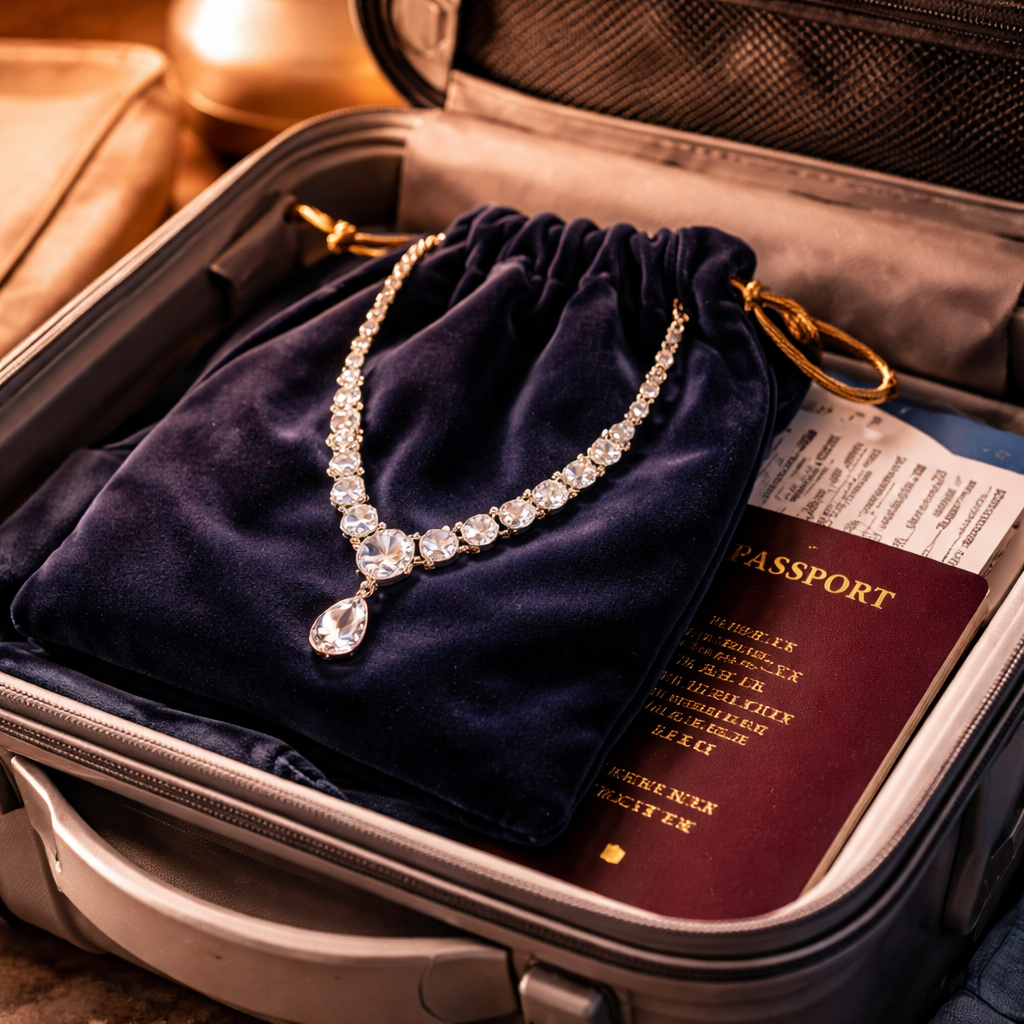 A photorealistic scene showing a Diamond Veneer necklace resting in a plush velvet travel pouch inside a compact carry-on, passport and boarding pass nearby, warm cabin lighting highlighting the sparkle. Alt: Best diamond veneer necklace for travel packed securely in a velvet pouch.