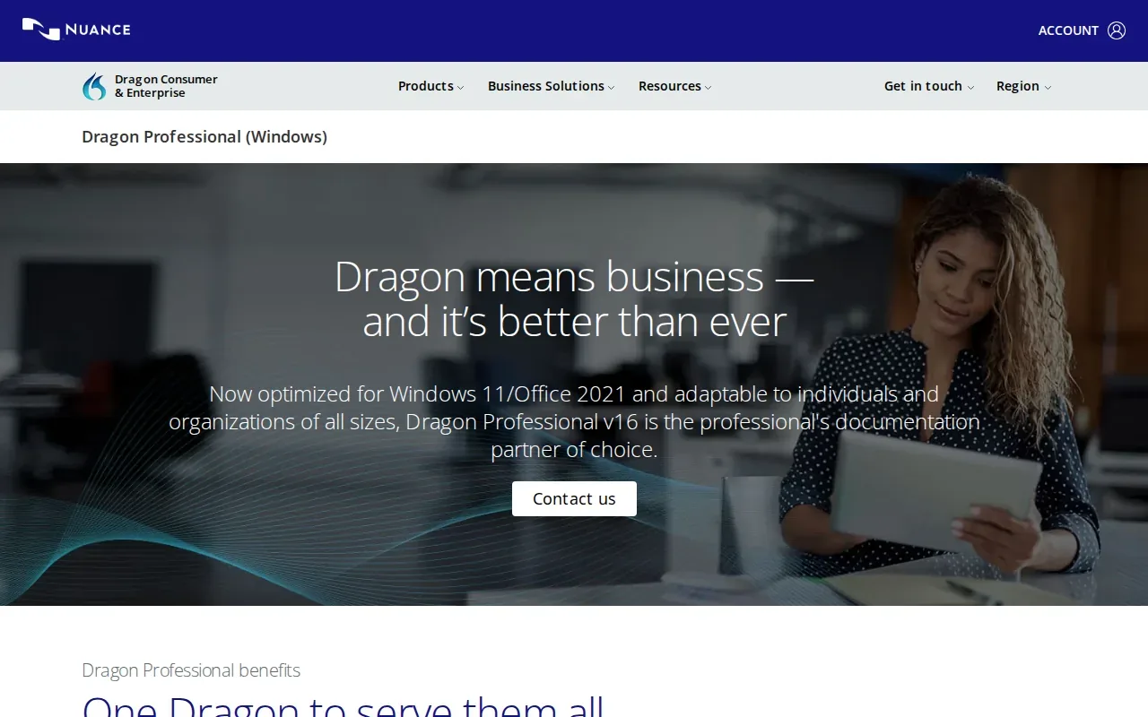 Screenshot of the Dragon Professional Individual by Nuance website