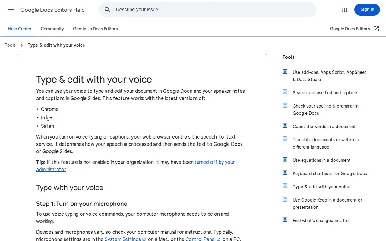 Screenshot of the Google Docs Voice Typing website