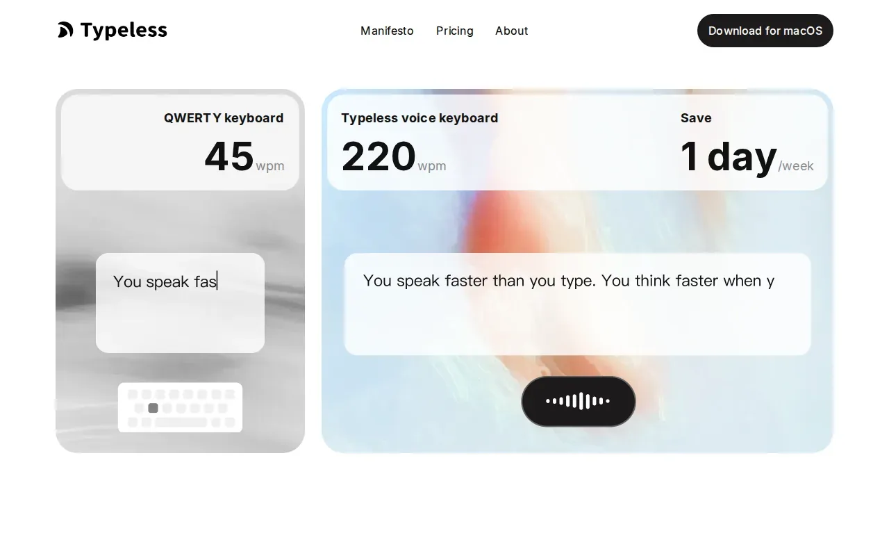 Screenshot of the Typeless website