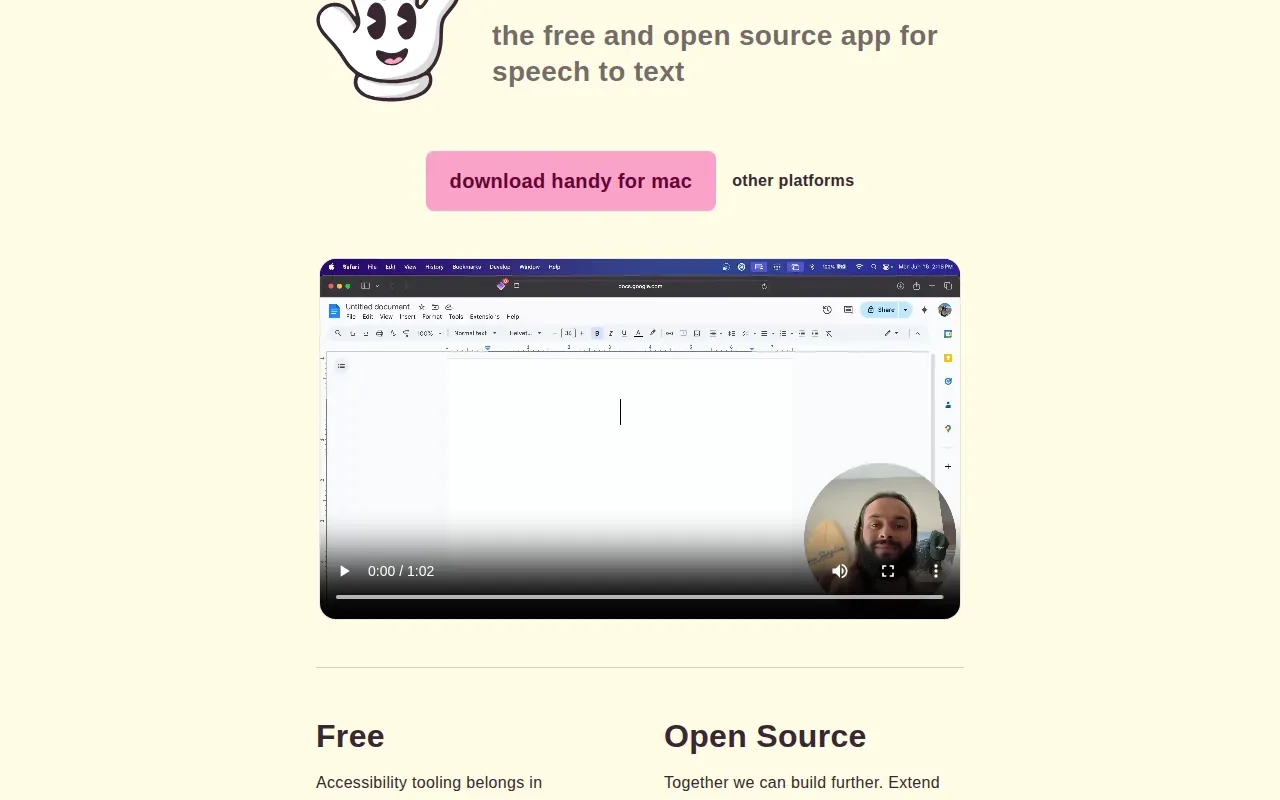 Screenshot of the Handy: free website