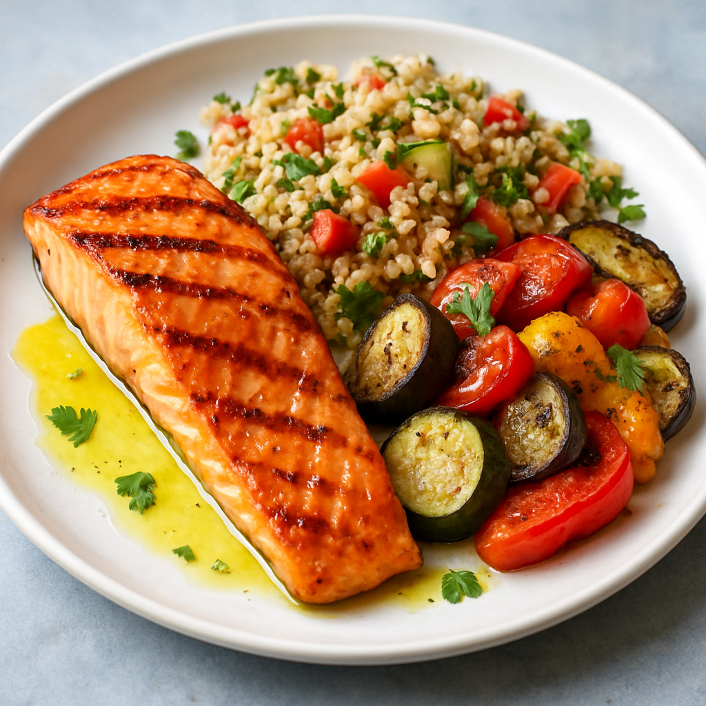A vibrant Mediterranean-inspired plate featuring grilled salmon, quinoa salad, colorful roasted vegetables, and a drizzle of olive oil. Alt: Mediterranean diet for menopause weight loss, hormone‑balanced plate