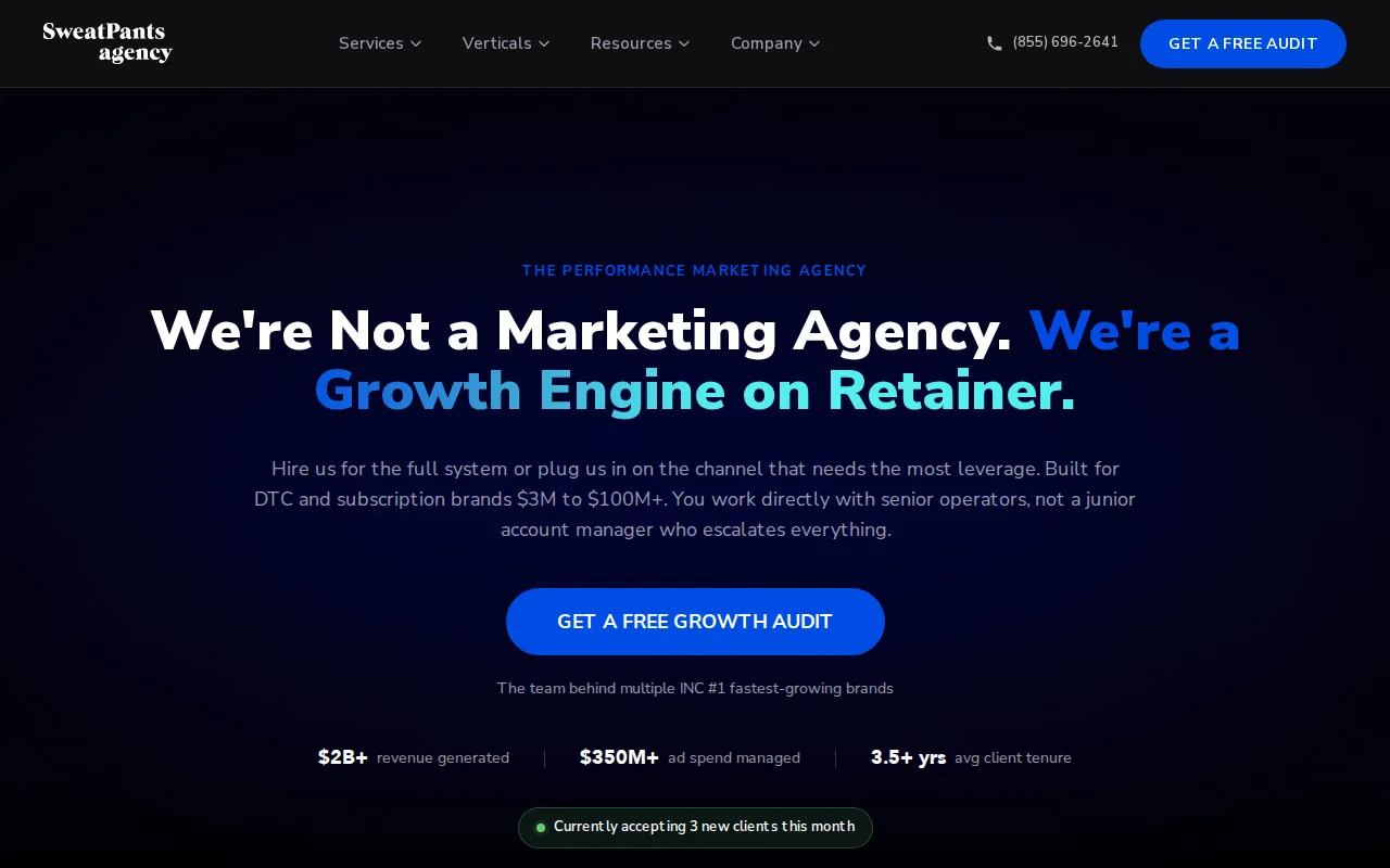 Best Digital Marketing Agencies for 2026 9 Screenshot of the Sweatpants Agency website