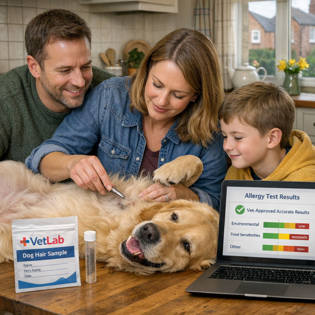 A photorealistic scene of a British family in a cosy kitchen, gently collecting a hair sample from their golden retriever’s belly using tweezers, with a VetLab sample bag and a laptop displaying the colour‑coded allergy report. Alt: VetLab dog allergy test UK shows clear results and supportive vet‑approved accuracy.