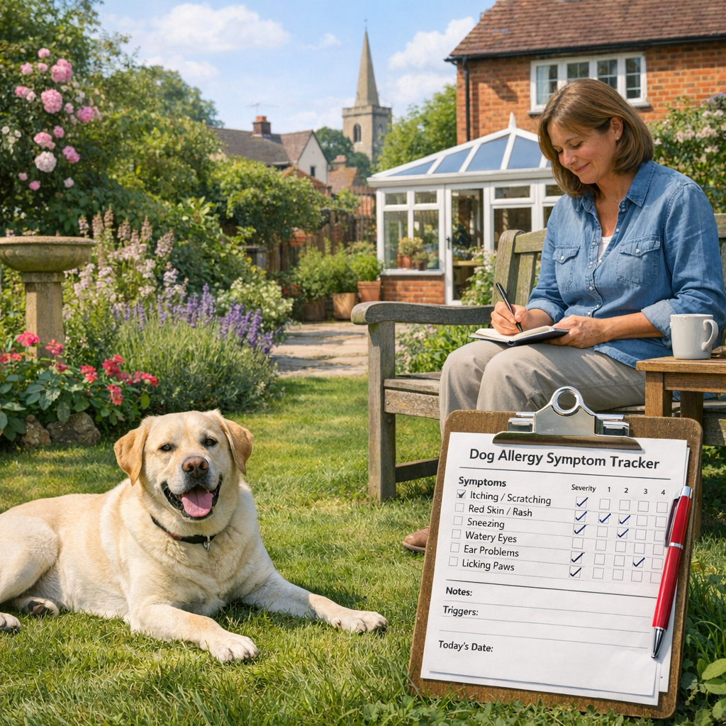 A photorealistic scene of a British garden on a sunny afternoon, a happy Labrador lying on the grass while its owner writes notes in a small notebook on a garden bench. Alt: Dog allergy symptom tracker in a UK home garden, realistic style
