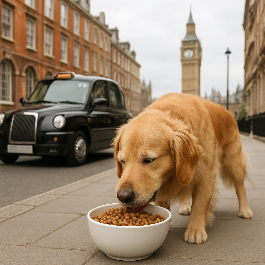 A happy golden retriever enjoying a bowl of nutrient‑rich, protein‑first dog food. Alt: Golden retriever eating dog food.