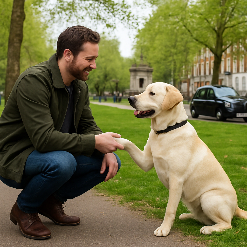 A friendly dog owner shaking hands with a Labrador, set against a UK park backdrop. Alt: Dog owner and Labrador in park