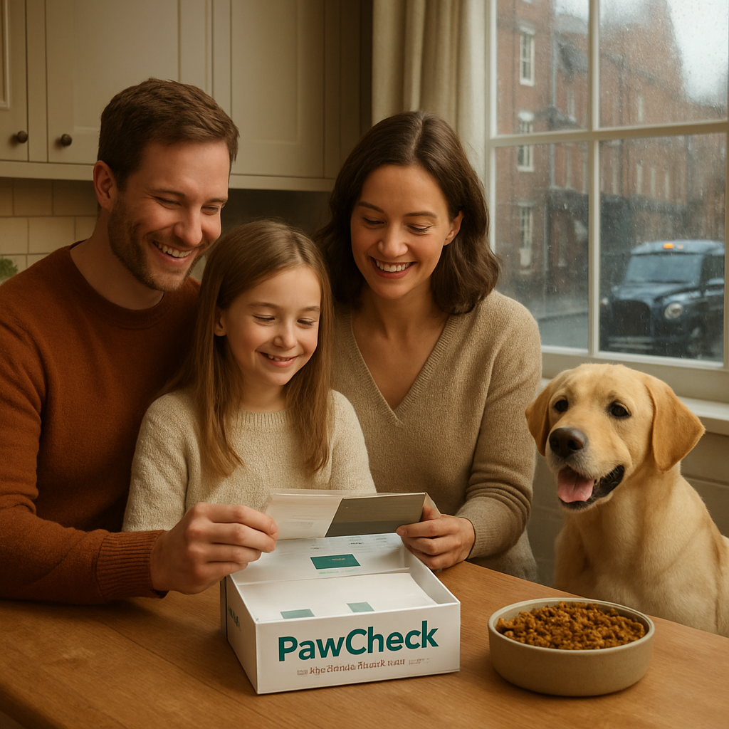 A photorealistic scene of a British family in a cosy kitchen opening a PawCheck dog food intolerance test kit, with a happy Labrador sitting beside a bowl of fresh, grain‑free dog food. Soft natural lighting, a window showing a rainy London street outside. Alt: Best dog food intolerance test UK – PawCheck kit opened on kitchen counter.