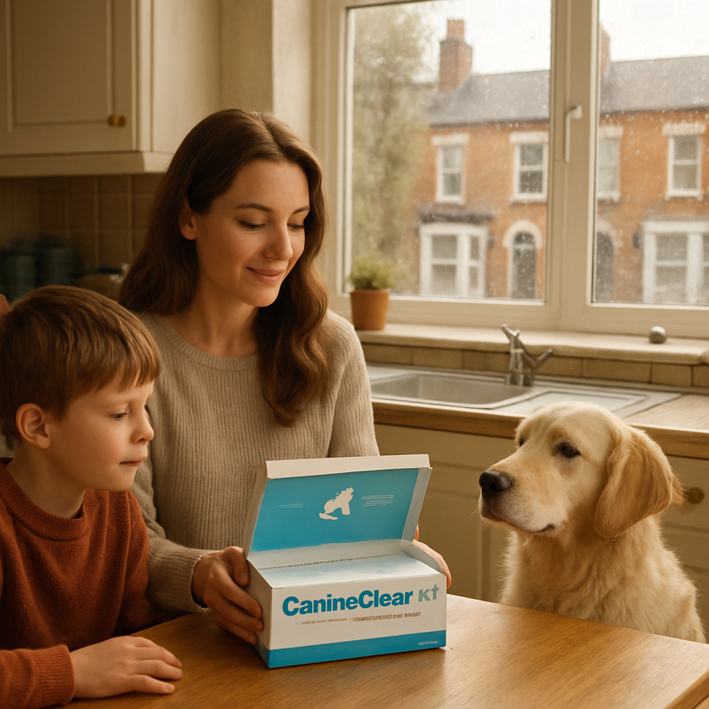A photorealistic scene of a British family in a cosy kitchen, a mother holding an open CanineClear kit on the countertop while a golden retriever sits patiently, sunlight streaming through a rain‑spattered window, illustrating an affordable at‑home dog food intolerance test. Alt: Budget‑friendly dog food intolerance test UK – CanineClear kit on kitchen table.