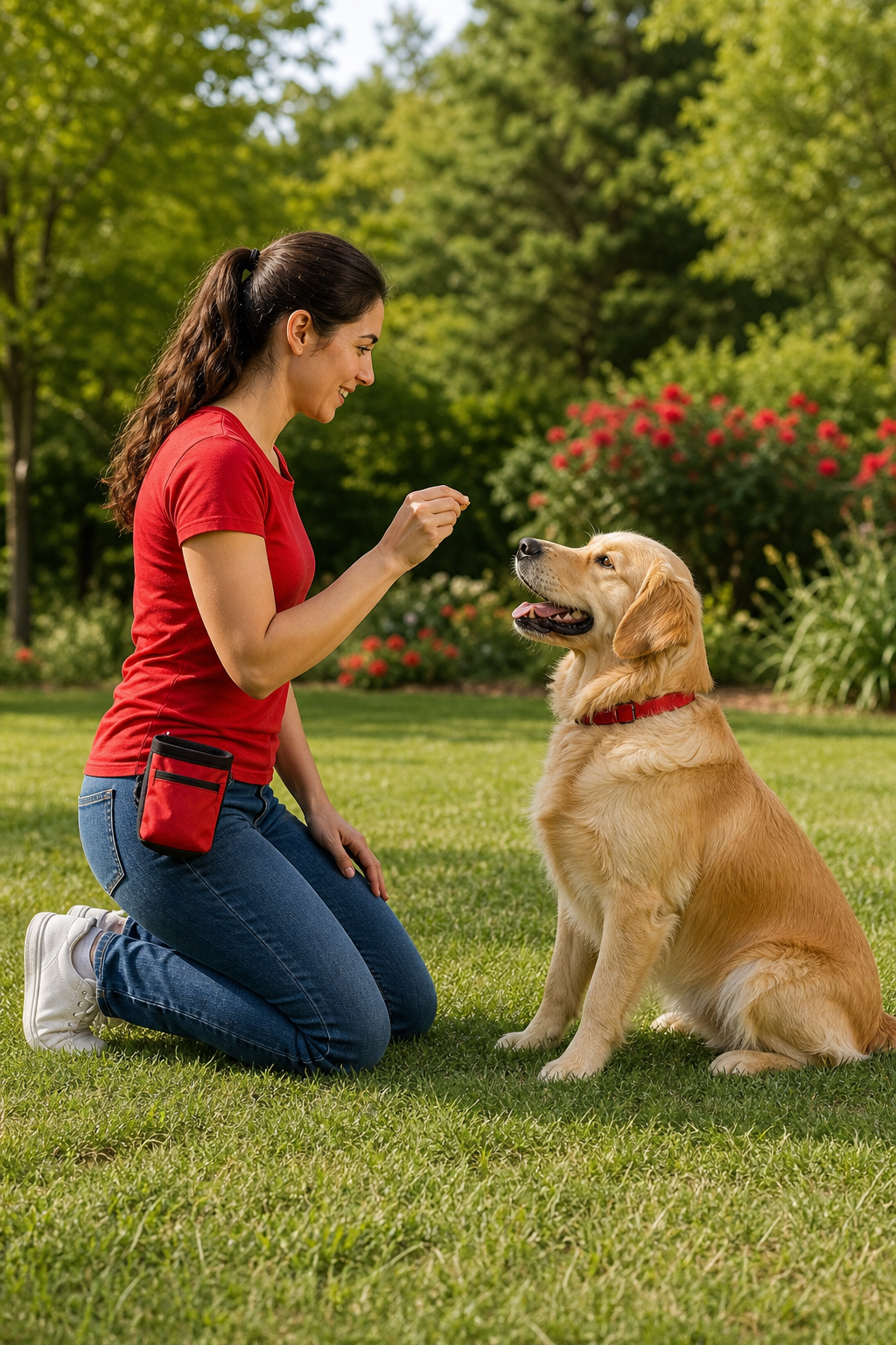 A realistic scene of a person kneeling on a grassy lawn, holding a treat, while a cheerful golden retriever watches attentively. Alt: dog training basics with treat reward on grass.