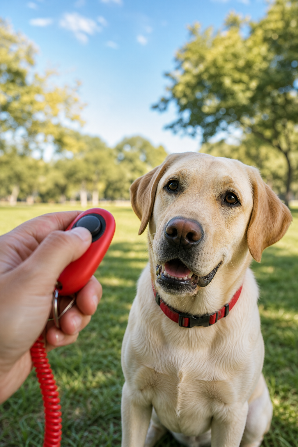 A close‑up of a hand holding a small handheld clicker against a bright outdoor park backdrop, with a curious Labrador Retriever watching. Alt: clicker training tool in use with dog outdoors.