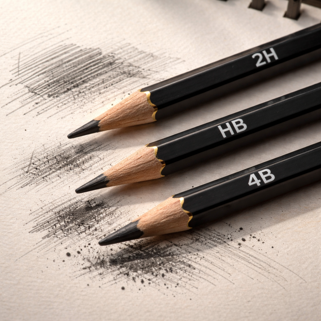 A photorealistic close‑up of three drawing pencils—2H, HB, and 4B—lying on a textured sketchbook page, soft natural light highlighting the graphite tips. Alt: Best drawing pencils set showing hard and soft grades for artists.