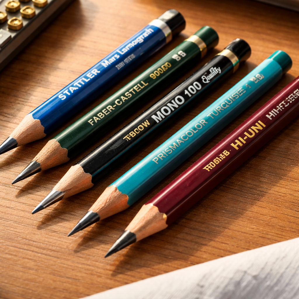 A photorealistic close‑up of five drawing pencils from different brands laid out on a wooden desk, soft natural light highlighting the graphite tips and barrel colors. Alt: Best drawing pencils comparison showing brand variety.