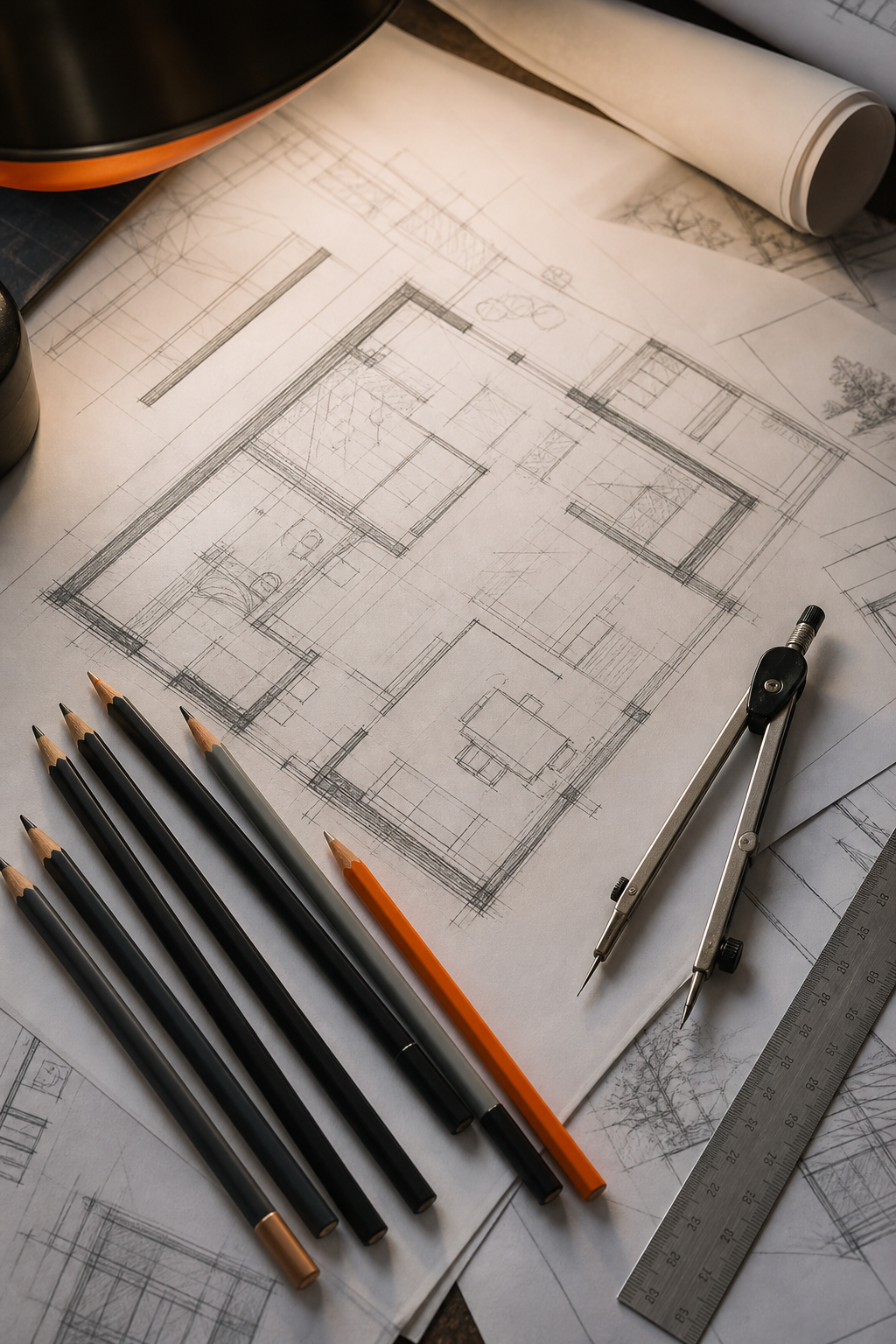 A photorealistic flat-lay scene on a drafting desk showing several graphite pencils of varying hardness grades arranged alongside architectural floor plan sketches, a compass, and a ruler, warm natural light from a desk lamp. Alt: architect drawing pencils arranged on a drafting table with floor plan sketches