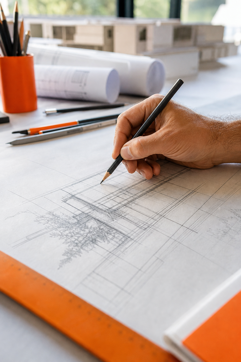 A close-up photorealistic shot of an architect's hand drawing precise lines on smooth drafting cartridge paper with a sharp H-grade graphite pencil, architectural drawings visible in the background, natural window light. Alt: architect using H-grade pencil on smooth drafting paper for precise architectural lines