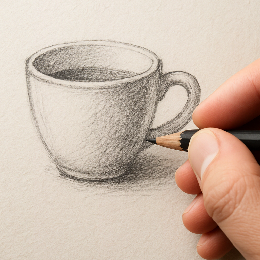 A close‑up of a hand holding a graphite pencil, sketching a simple coffee cup on textured sketchbook paper. Alt: beginner drawing with graphite pencils, best drawing pencils for beginners.
