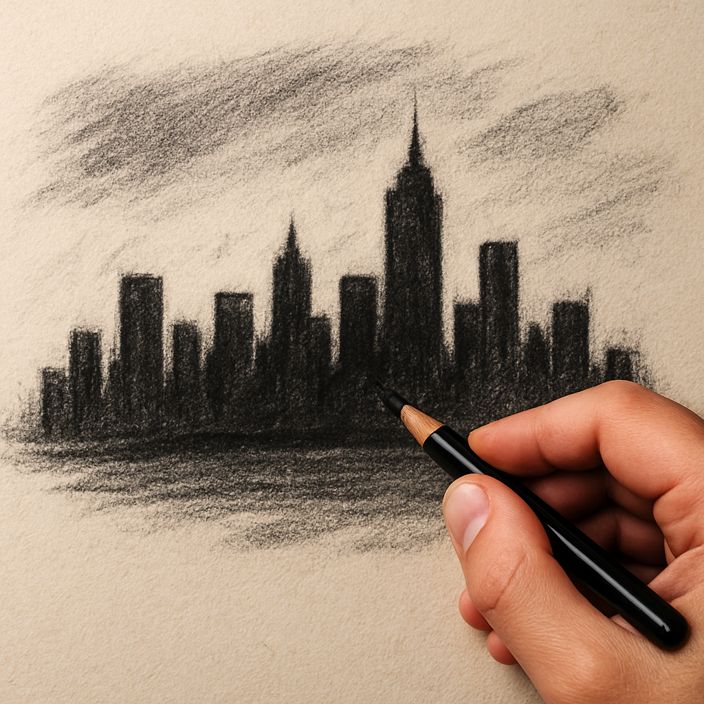 A hand holding a charcoal pencil, drawing a dark silhouette of a city skyline on textured sketchbook paper. Alt: Charcoal pencils for beginners, bold sketching techniques.