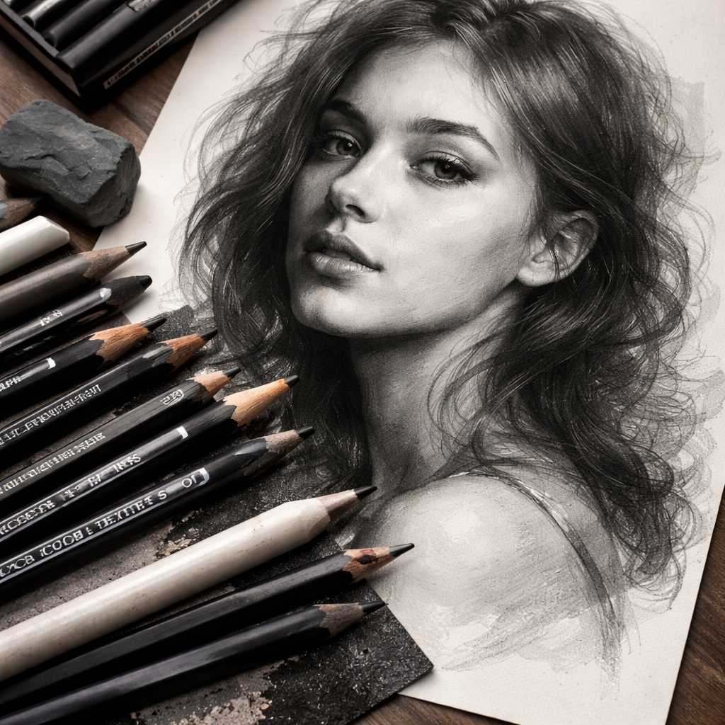 A photorealistic image related to best-drawing-pencils-for-charcoal-portrait-shading. Alt: best-drawing-pencils-for-charcoal-portrait-shading