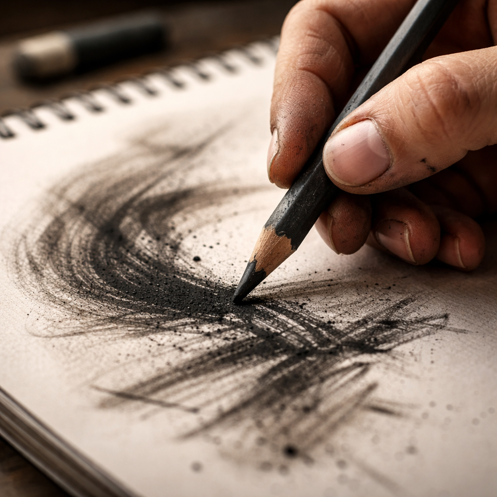 A realistic close‑up of a hand holding a charcoal pencil, with soft charcoal dust swirling around a sketchbook page, highlighting the texture of the charcoal core. Alt: charcoal pencil texture and sketching process.