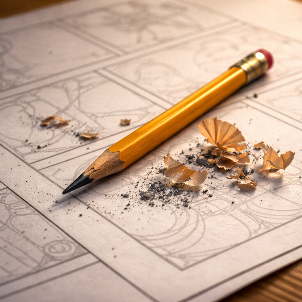 A realistic hand drawing comic panels with a classic wooden pencil, graphite shavings on paper, soft lighting. Alt: comic artist using a high‑quality graphite pencil for line work.
