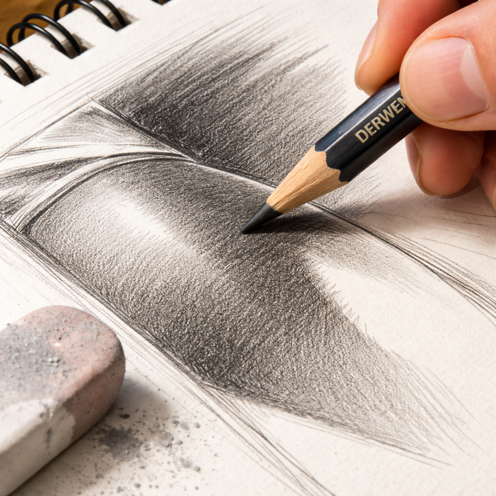 A close‑up of a sketchbook page showing smooth graphite shading, a Derwent pencil tip, and a soft eraser. Alt: comic artist applying dark shading with a graphite pencil.