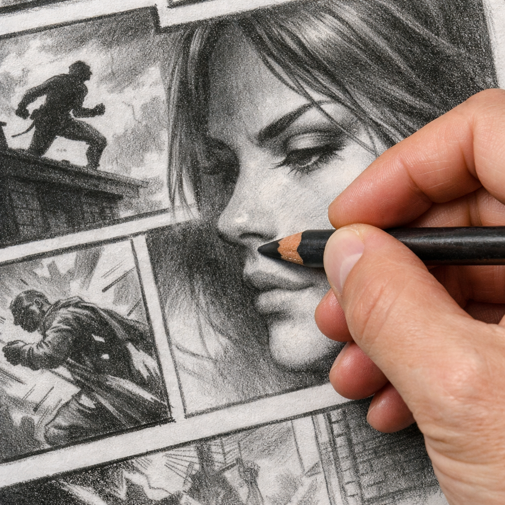 A realistic close‑up of a hand shading a comic panel with soft graphite, showing smooth gradients and texture. Alt: comic shading with soft graphite pencils