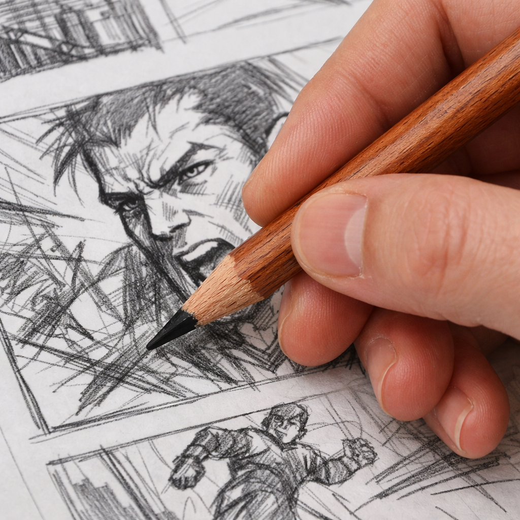 A realistic close‑up of a hand holding a cedar wood‑cased pencil, showing the smooth wood grain and a dark sketch on paper. Alt: cedar wood pencil in comic sketching