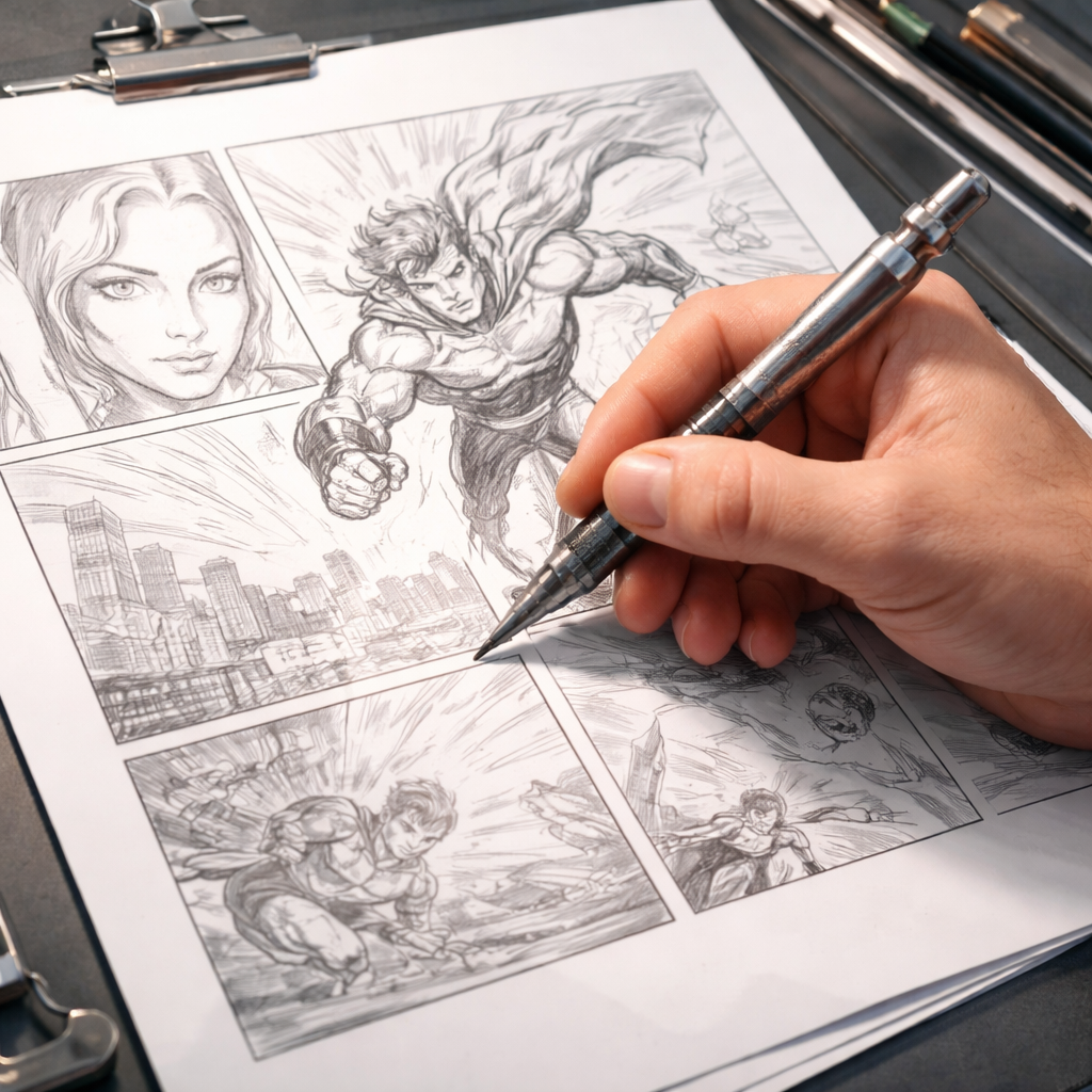 A realistic hand holding a metal lead holder with graphite leads, showing a sketch in progress on a drafting table. Alt: comic sketch with lead holder tool