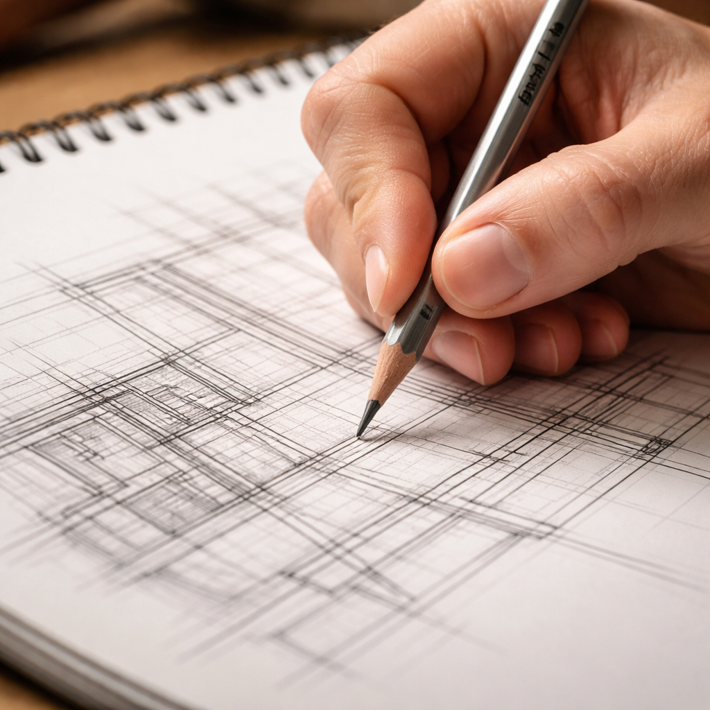 A realistic close‑up of a hand holding a hard‑lead pencil drawing thin architectural lines on a sketchpad. Alt: comic artist using hard lead for precise line work