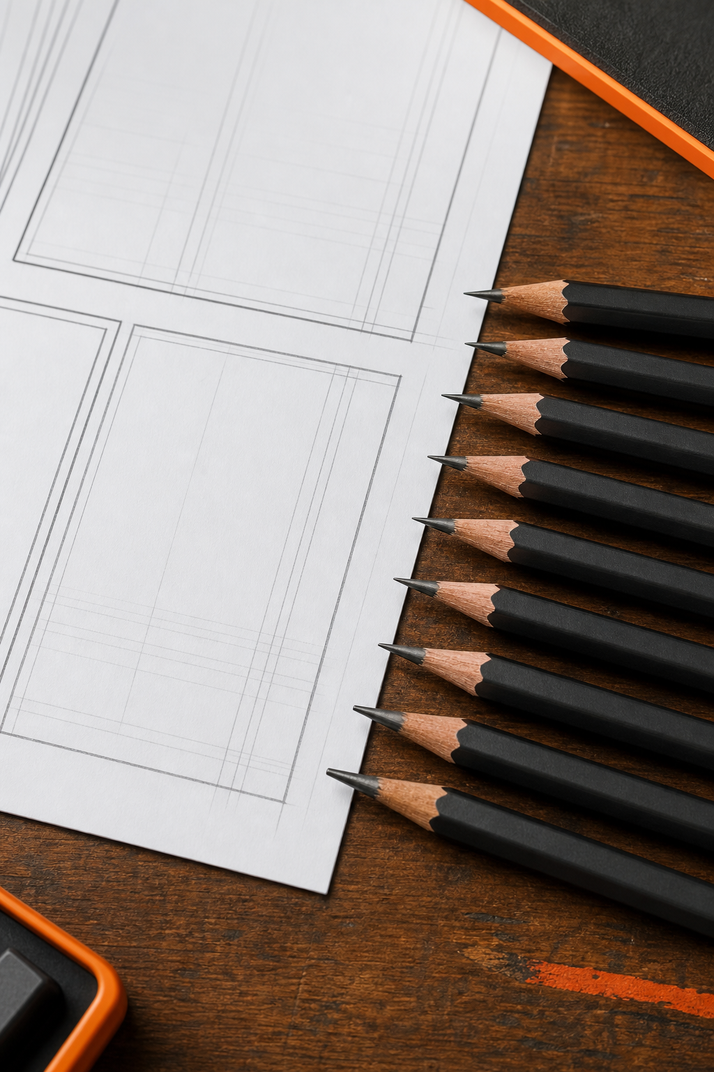 A photorealistic close-up of several graphite pencils arranged by hardness grade on a wooden drafting table, with faint pencil guidelines visible on white comic art paper nearby. Alt: graphite pencil grades for comic lettering guidelines on comic paper.